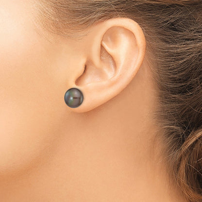 14k Yellow Gold 11-12mm Black Button Freshwater Cultured Pearl Stud Earrings