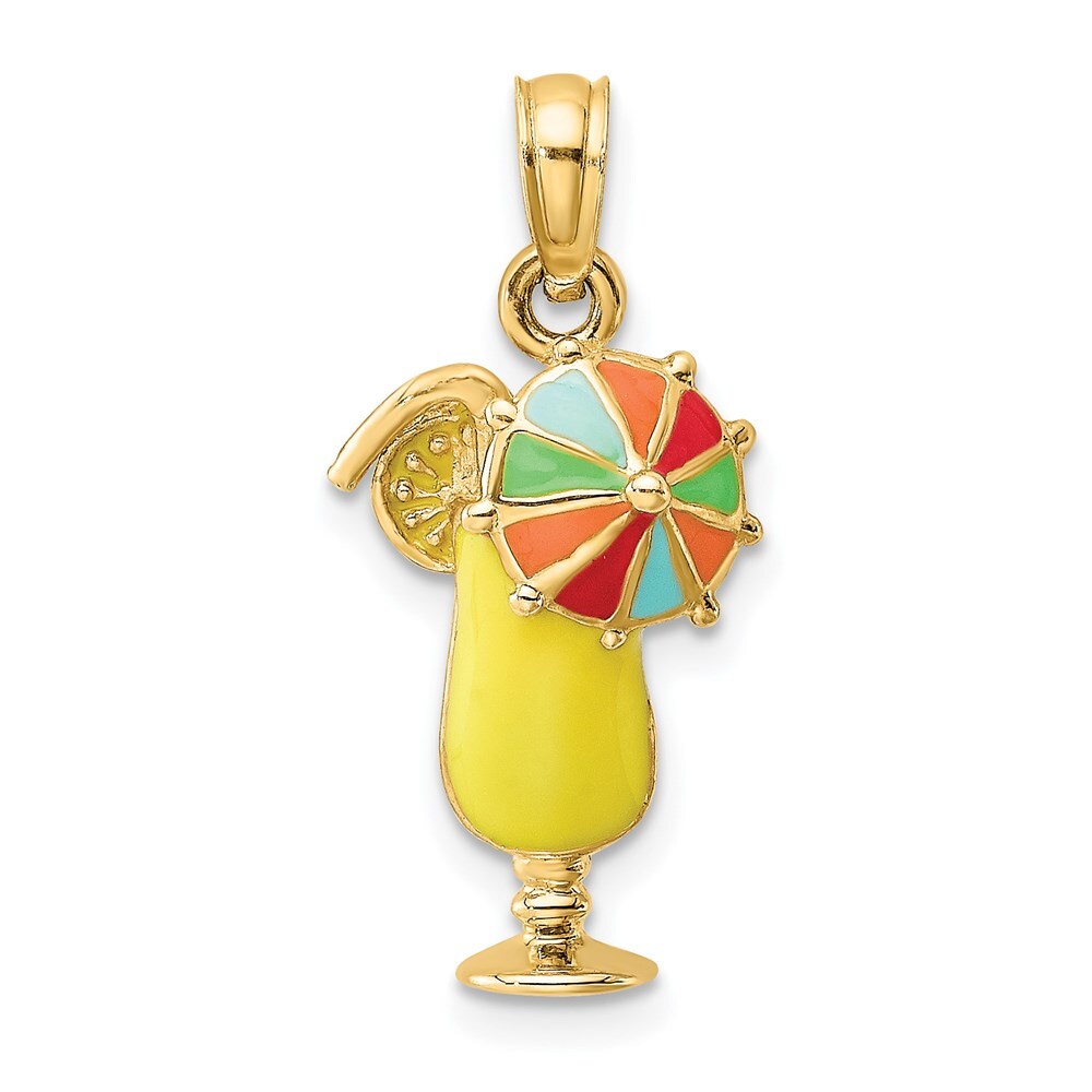 14k Yellow Gold Yellow Enamel Drink Multi-Colored Umbrella Charm Pendant