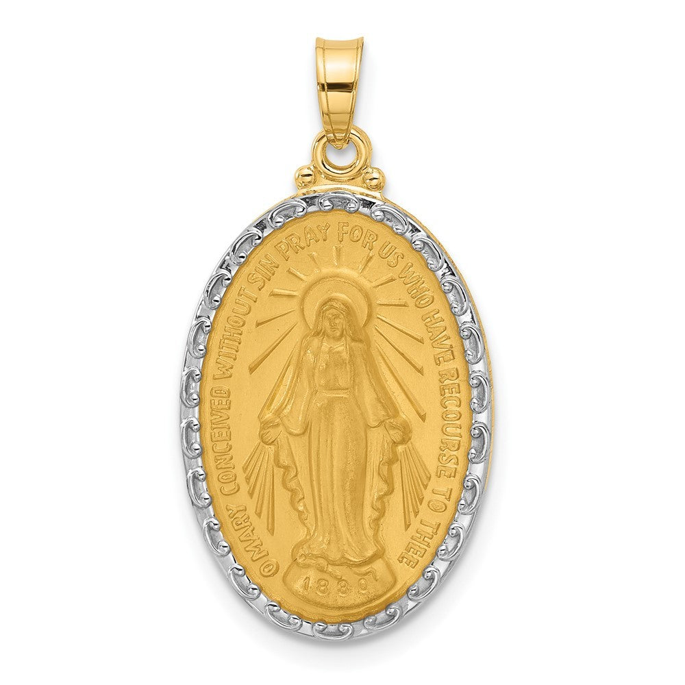 14k Yellow Gold with Rhodium Satin Polished Miraculous Medal Solid Oval Pendant