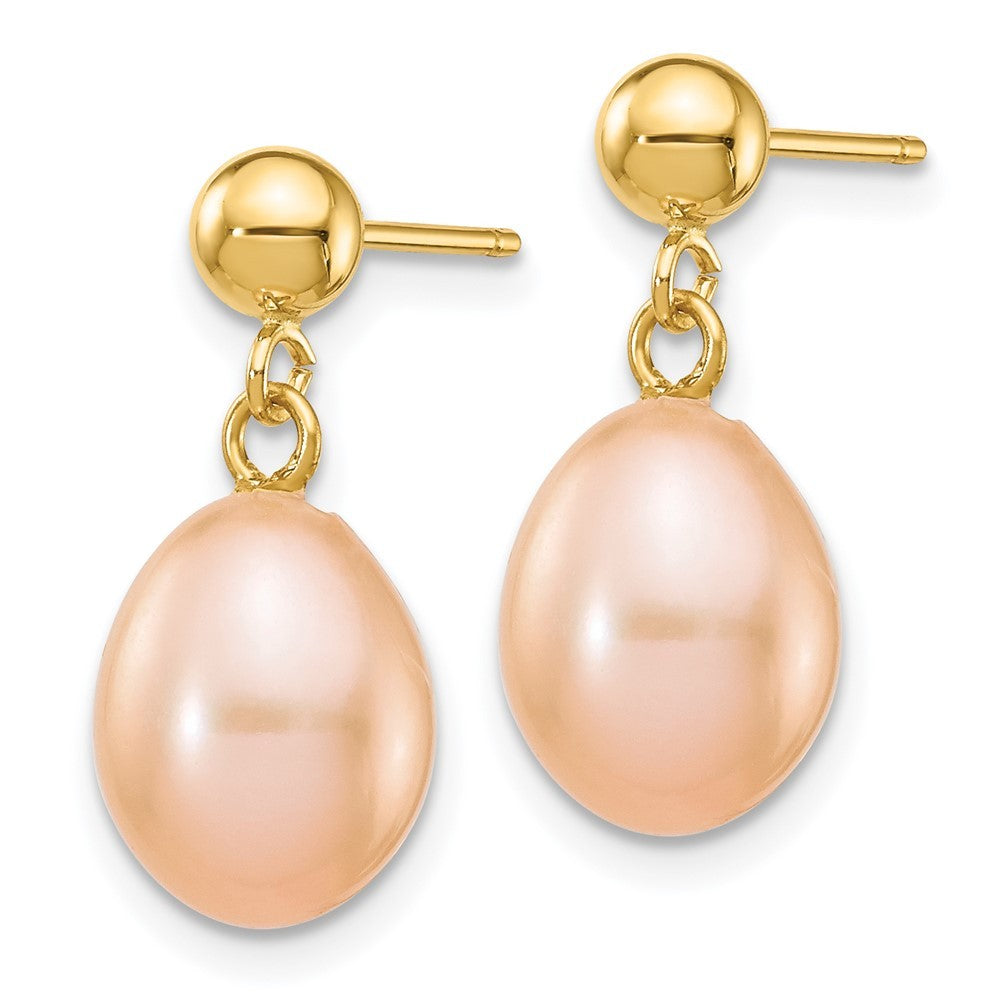 14k Yellow Gold 7-8mm Pink Rice Freshwater Cultured Pearl Post Dangle Earrings