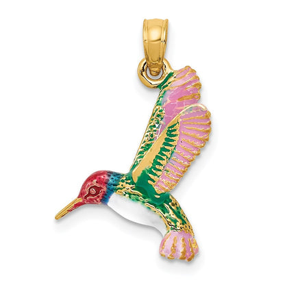 14k Yellow Gold Enameled 3D Hummingbird Pendant for Women