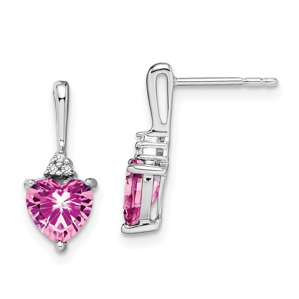14k White Gold Created Pink Sapphire and Diamond Heart Drop & Dangle Earrings