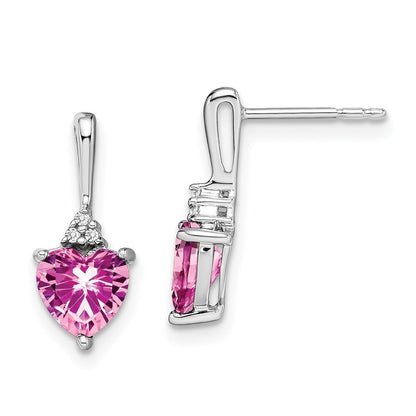 14k White Gold Created Pink Sapphire and Diamond Heart Drop & Dangle Earrings