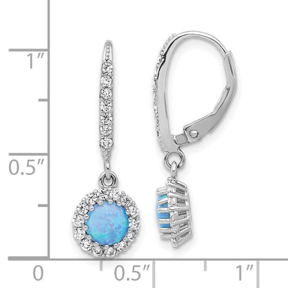 Sterling Silver Cubic Zirconia & Blue Cr. Opal Halo Dangle Leverback Earrings