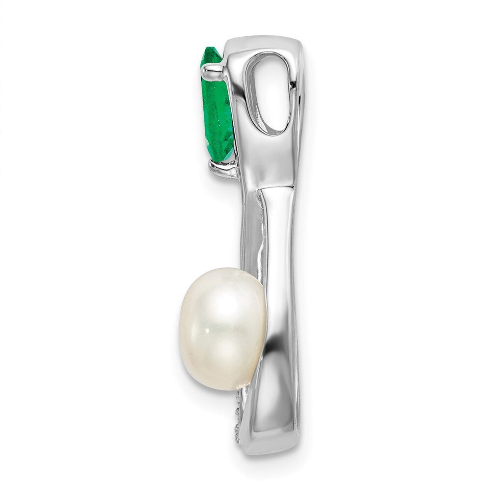 14k White Gold Emerald/FWC Pearl/Diamond Infinity Chain Slide Pendant for Women