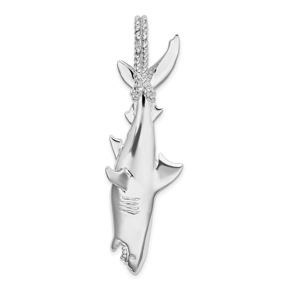 Sterling Silver Rhodium-plated Polished 3D Shark Hanging from Rope Pendant
