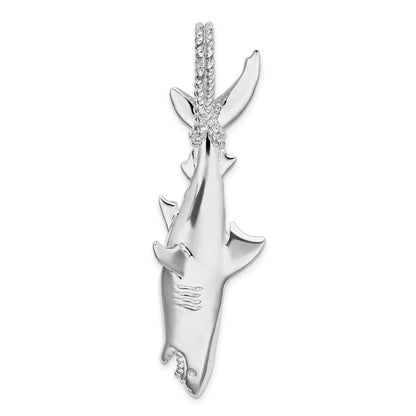 Sterling Silver Rhodium-plated Polished 3D Shark Hanging from Rope Pendant