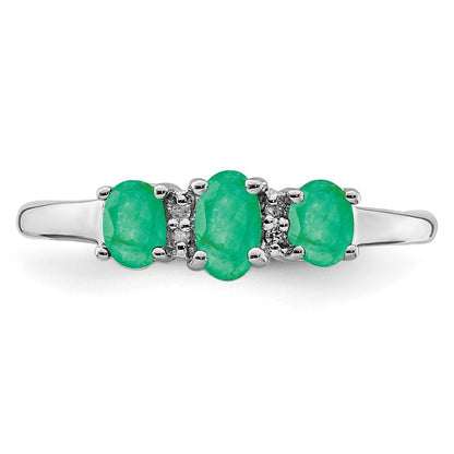 Sterling Silver Rhodium-plated Emerald 3 Stone and Diamond Ring Size 8