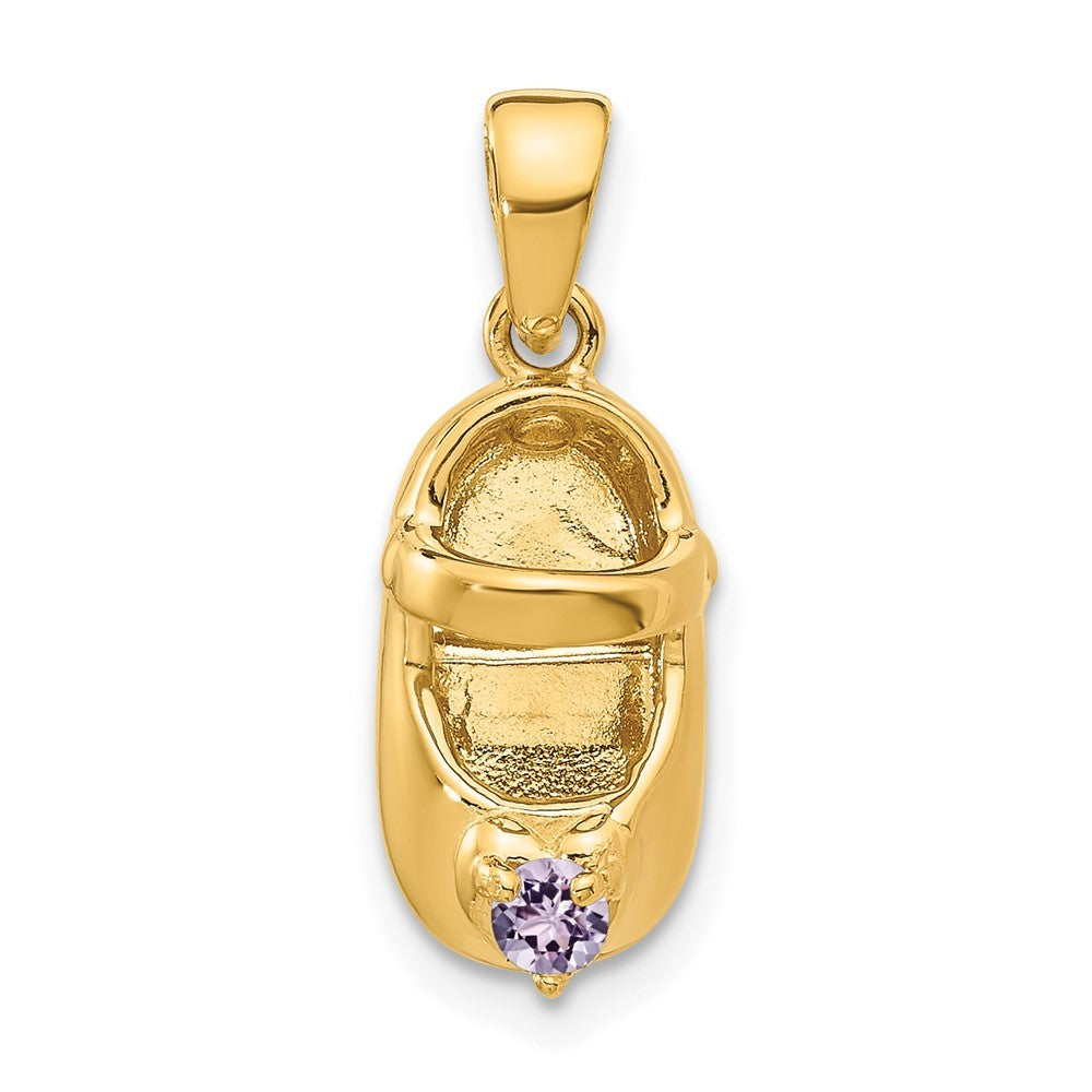 14k Yellow Gold 3-D June/Light Purple Synthetic Stone Engravable Baby Shoe Charm