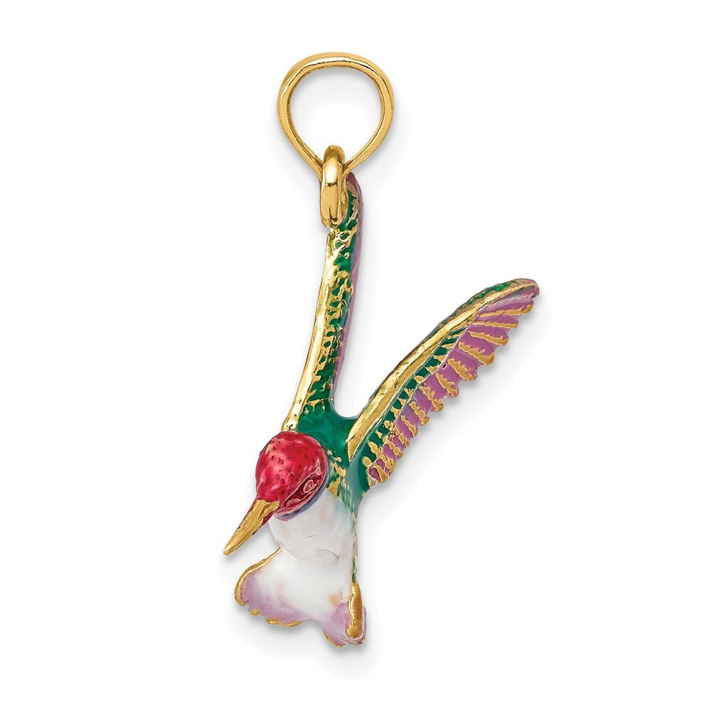 14k Yellow Gold Enameled 3D Hummingbird Pendant for Women