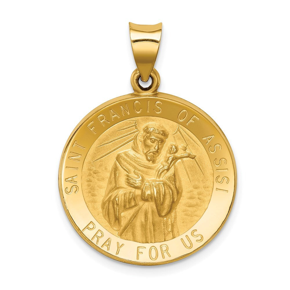 14k Yellow Gold Polished and Satin St Francis of Assisi Medal Hollow Pendant