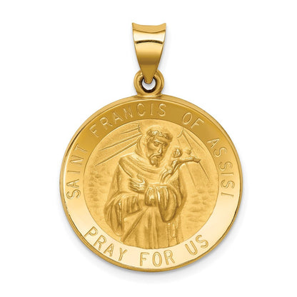 14k Yellow Gold Polished and Satin St Francis of Assisi Medal Hollow Pendant