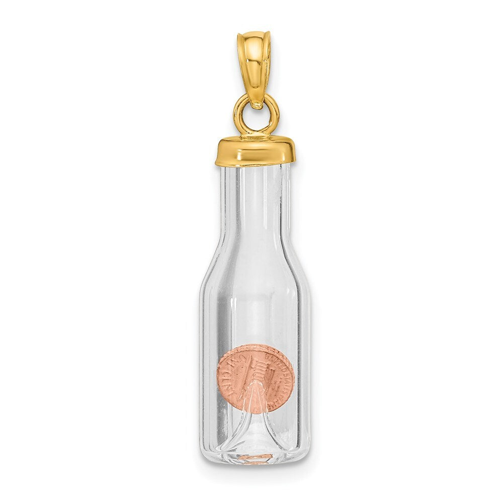 14k Yellow Gold 3-D Mini Penny in Glass Bottle Pendant