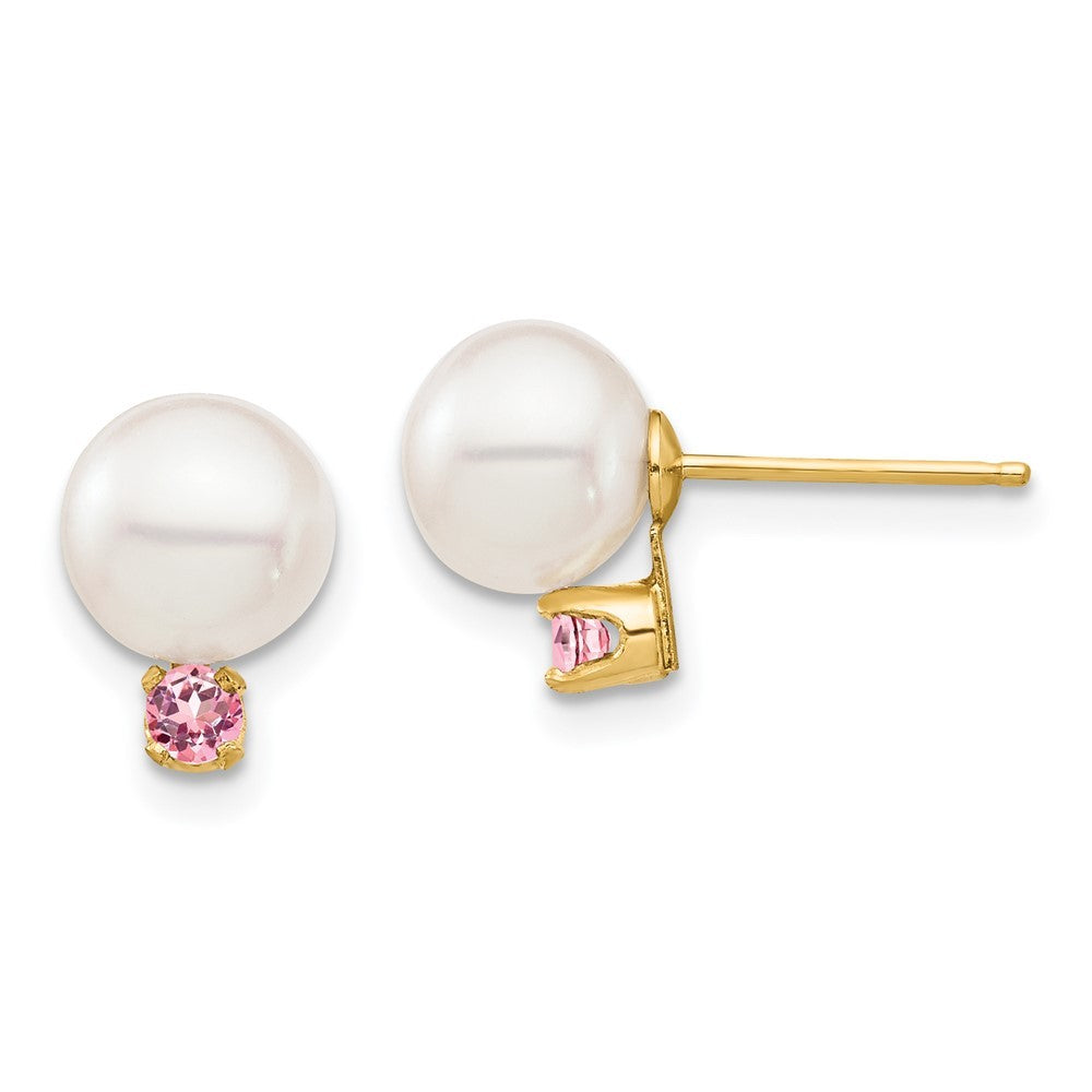 14k Yellow Gold 7mm Round Freshwater Cultured Pearl and Pink Topaz Stud Earrings