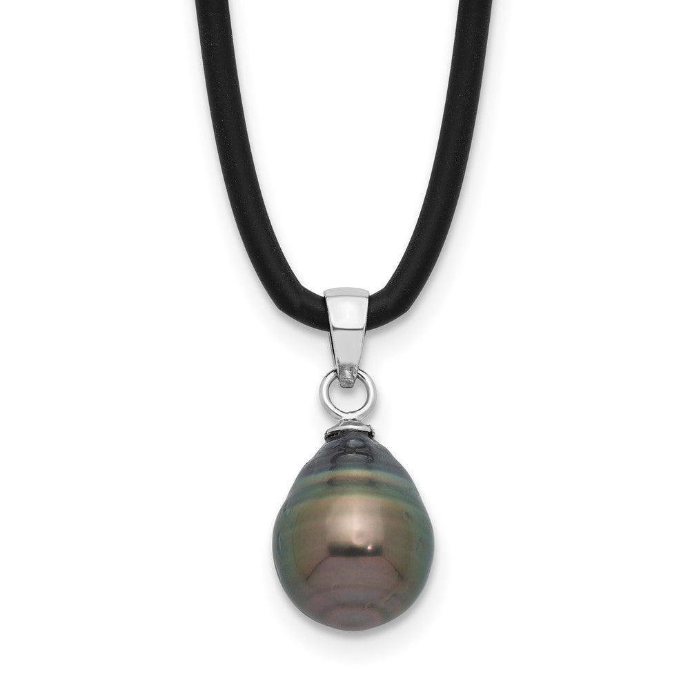 Sterling Silver Black Teardrop Tahitian Cultured Pearl Silicone Necklace 18"