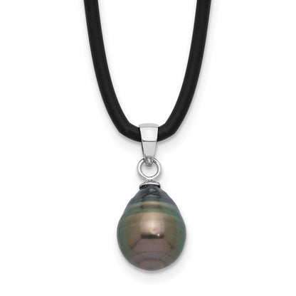 Sterling Silver Black Teardrop Tahitian Cultured Pearl Silicone Necklace 18"