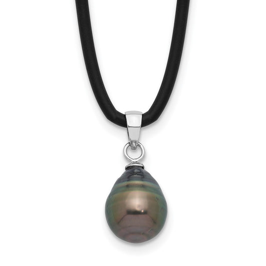 Sterling Silver Black Teardrop Tahitian Cultured Pearl Silicone Necklace 18"