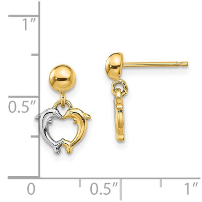 14k Yellow Gold Rhodium Dolphin Dangle Earrings Gift for Women