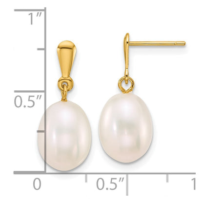 14k Yellow Gold Polished 8-9mm Rice Freshwater Cultured Pearl Dangle Earrings