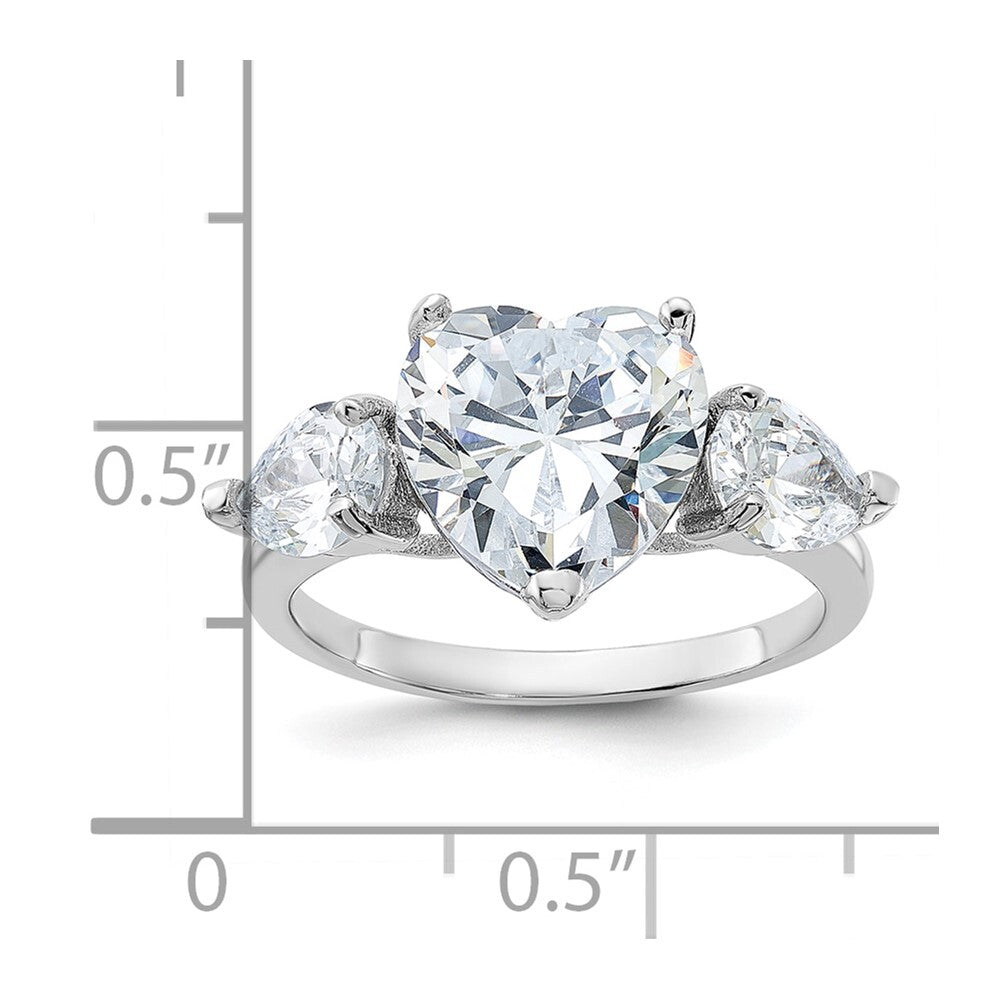 Sterling Silver Rhodium-plated Heart Shape Cubic Zirconia 3-Stone Ring Size 6