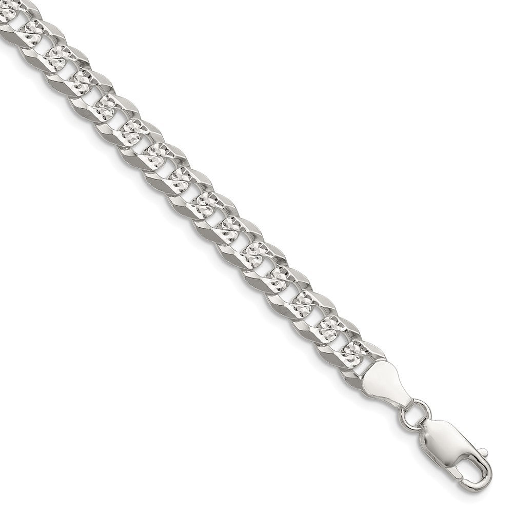 Sterling Silver 6.75mm Flat Diamond-Cut Pave Curb Chain Bracelet