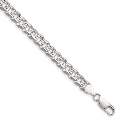 Sterling Silver 6.75mm Flat Diamond-Cut Pave Curb Chain Bracelet