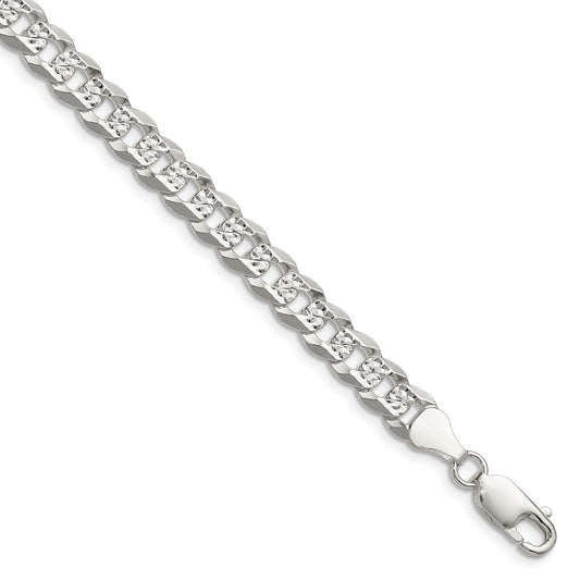 Sterling Silver 6.75mm Flat Diamond-Cut Pave Curb Chain Bracelet
