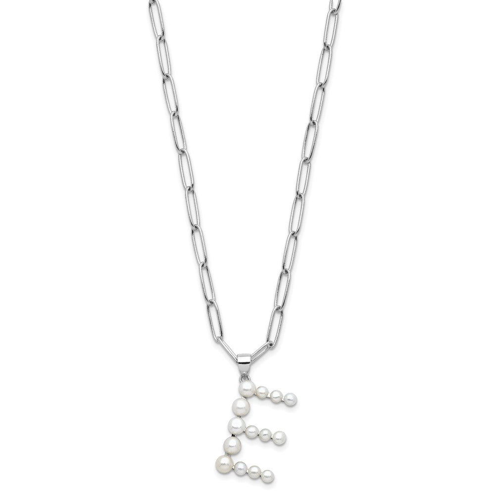 Sterling Silver 3-5.5mm White Button Cultured Pearl LETTER E Necklace 18"