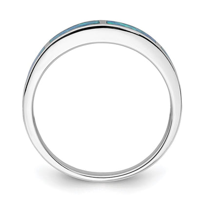 Sterling Silver Rhodium-plated Lab Created Blue Opal Inlay Band Size 6