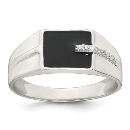Sterling Silver Polished Black Enamel CZ Men's Signet Ring Size 10