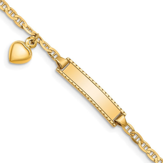 14k Gold  Solid Chain Heart Dangle Anchor 20x5mm Plate 5.5" Child ID Bracelet