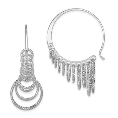 Sterling Silver Rhodium-plated Diamond-cut Graduated Circle Dangle Hoop Earrings
