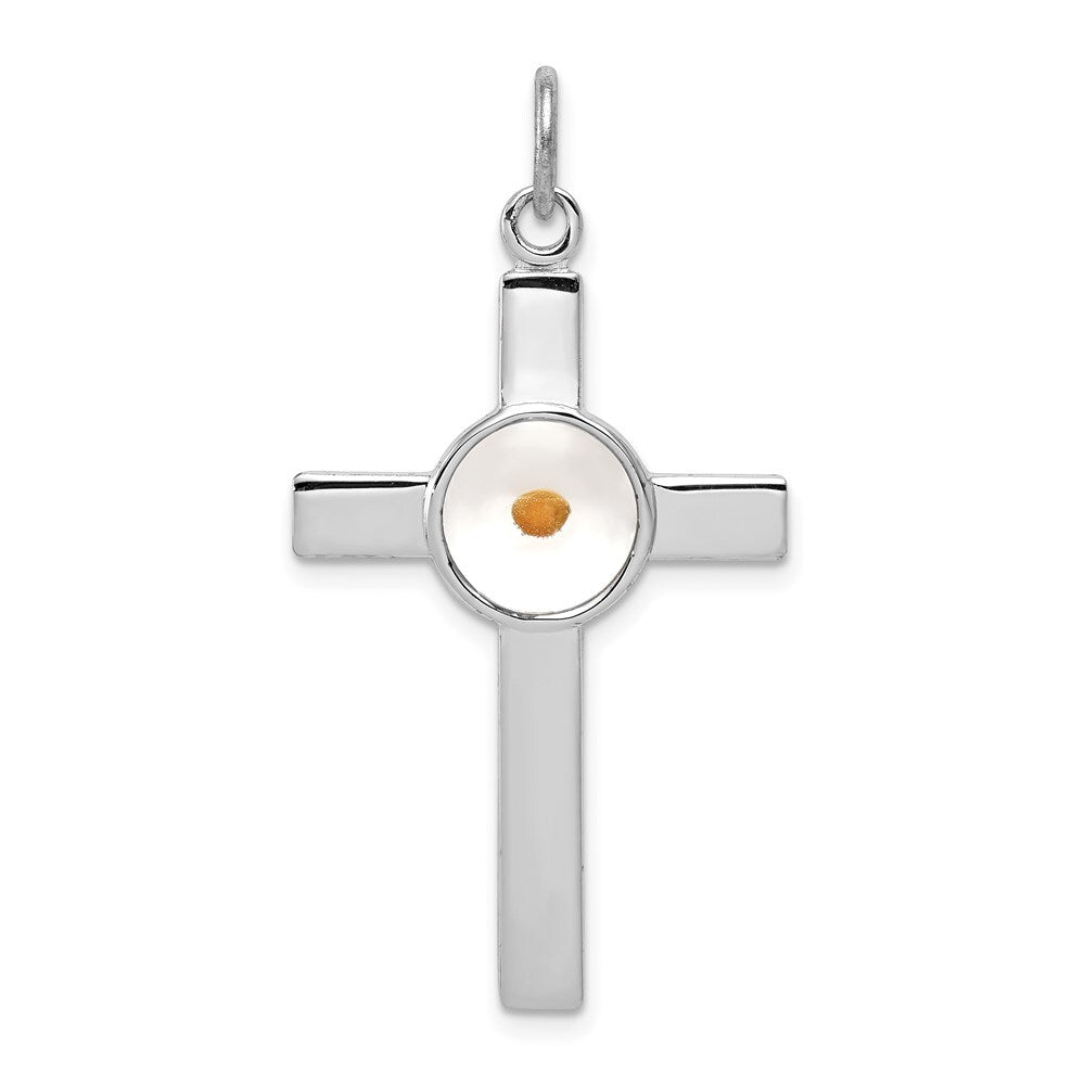 Sterling Silver Rhodium-plated Polshd & Epxy Cross Mustard Seed Pendant