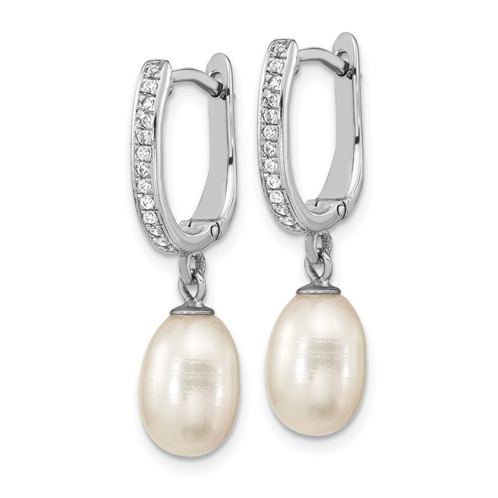 Sterling Silver 7-8mm Rice Freshwater Cultured Pearl and CZ Hoop Dangle Earring