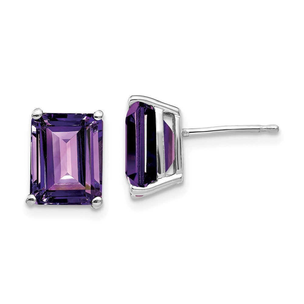 14k White Gold 9x7mm Emerald Cut Amethyst Stud Earrings Gift for Women
