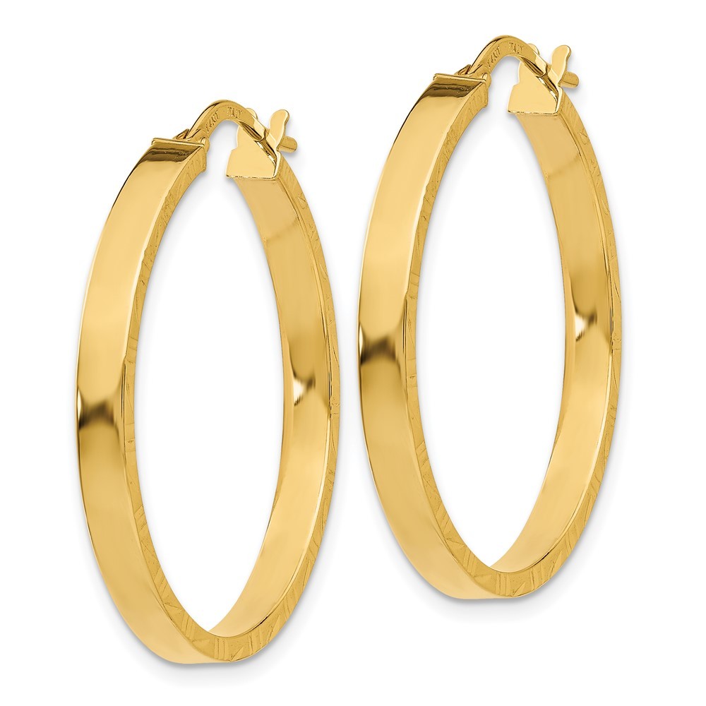 14k Yellow Gold Diamond Cut Edge Large 3mm Polished Hoop Earrings