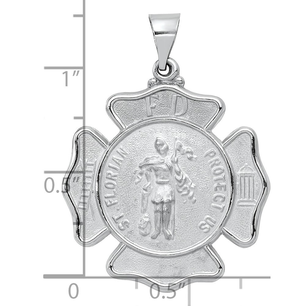 14k White Gold Polish Satin St Florian Badge Medal Hollow Pendant