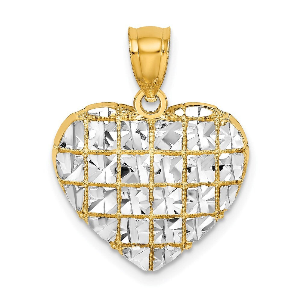 14k Yellow Gold Rhodium Diamond-cut Heart Charm Pendant for Women