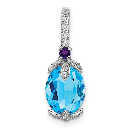 14k White Gold Oval Blue Topaz Amethyst Diamond Pendant