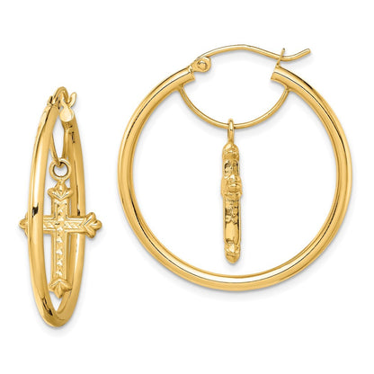 14k Yellow Gold with Diamond-Cut Cross Dangle Hoop Earrings