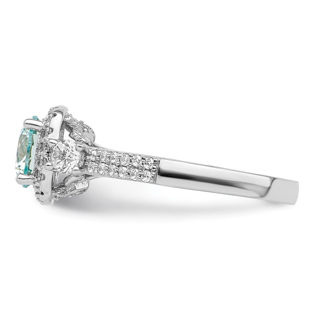 Sterling Silver Rhodium plated Carribean Green & White CZ Ring Size 6