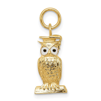 14k Yellow Gold Graduation Owl Charm Pendant with Enamel for Women