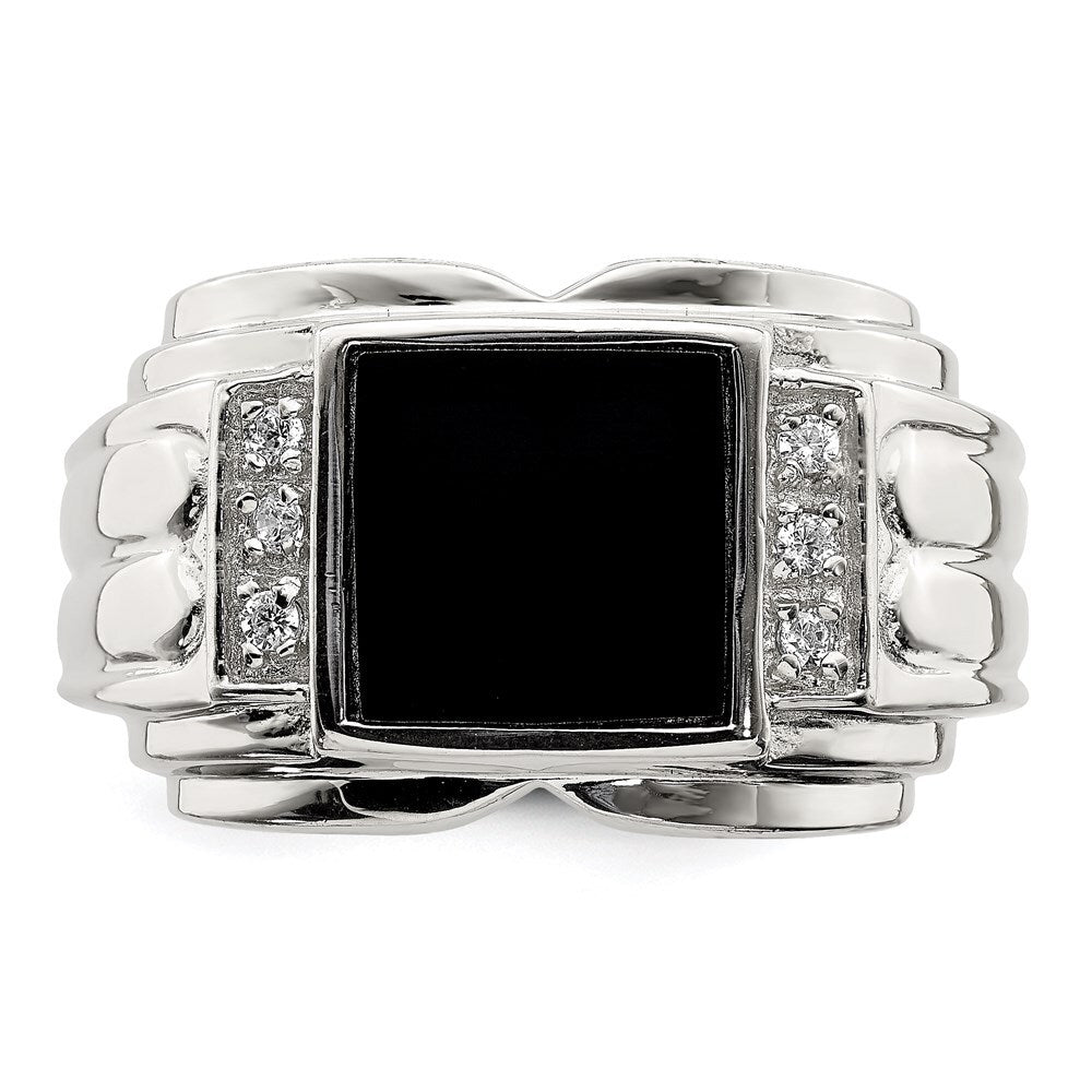 Sterling Silver Rhodium-plated Cubic Zirconia and Onyx Ring Size 9