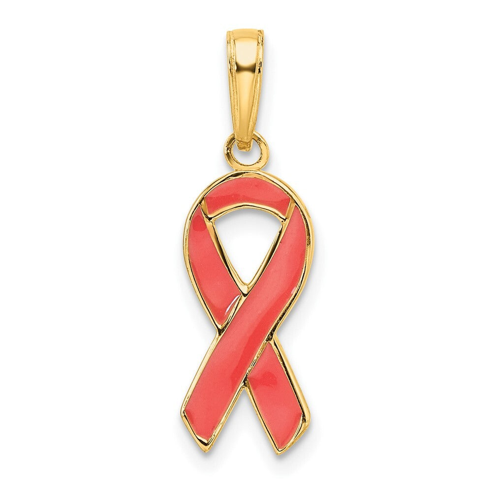 14k Yellow Gold Pink Enameled Awareness Ribbon Pendant for Women
