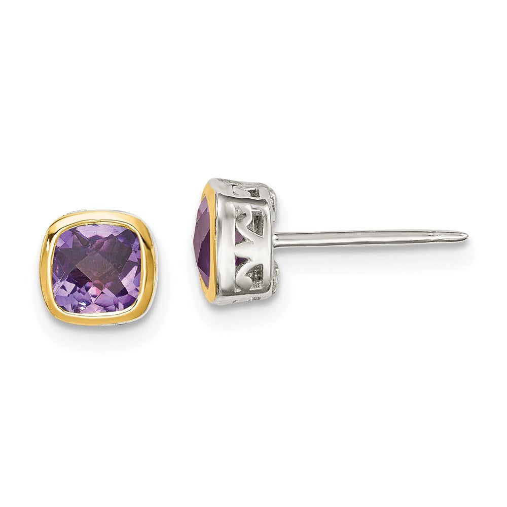 Sterling Silver Rhodium-plated with 14k Accent Amethyst Square Stud Earrings