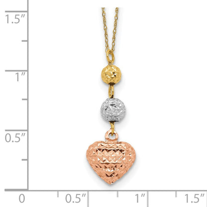 14K Tri-color Gold Ropa Diamond Cut Beads & Heart w/ 2in Ext Necklace