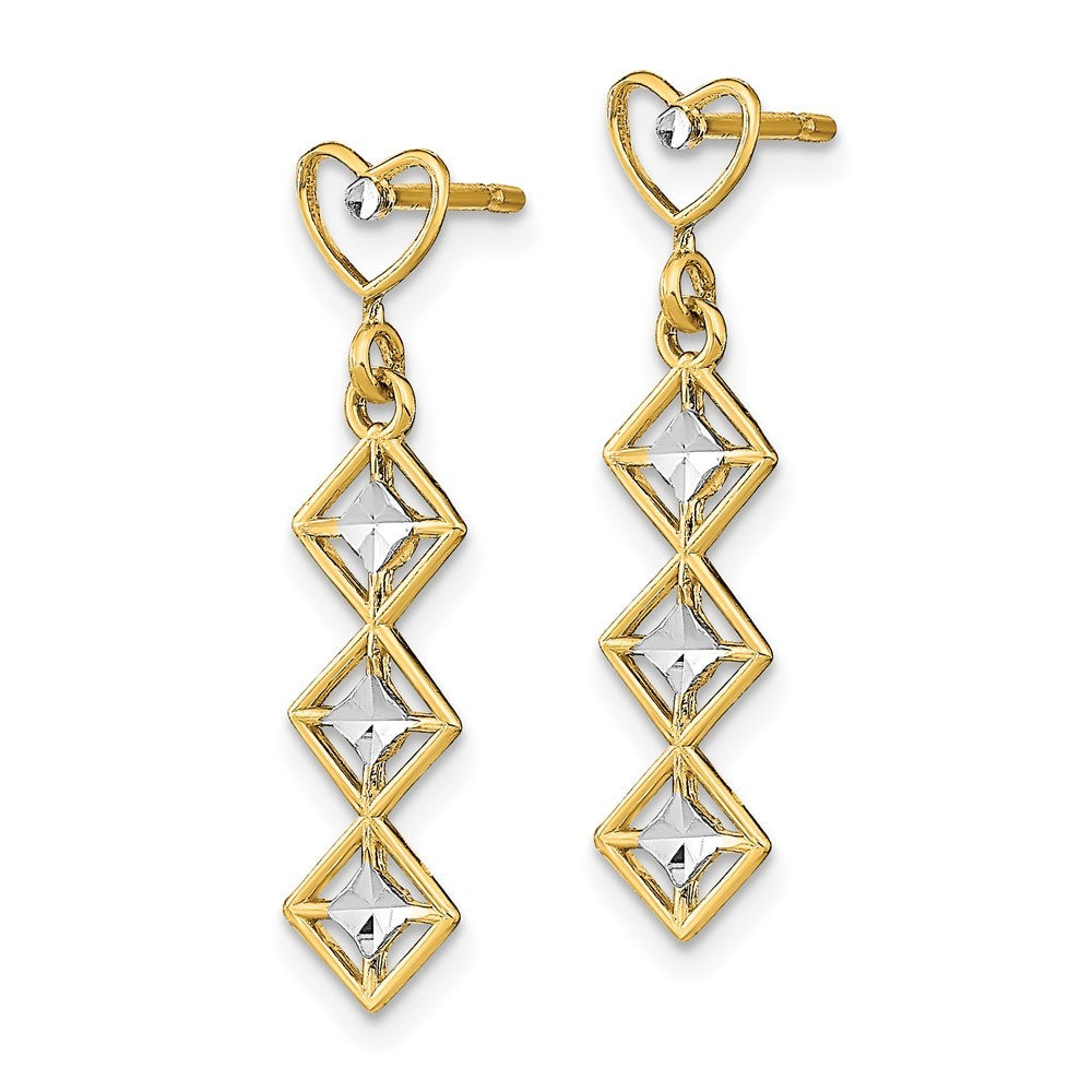 14k Yellow Gold w/RH Diamond-Cut Heart and Diamond Shape Dangle Earrings