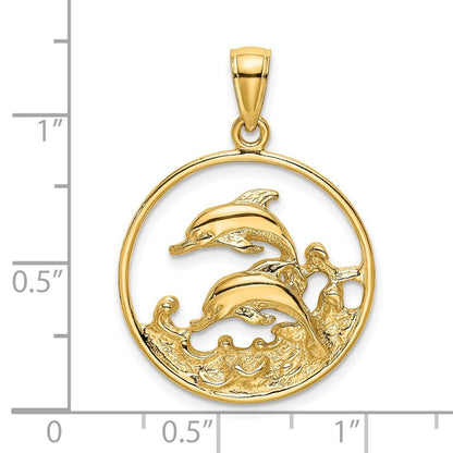 14k Yellow Gold Double Dolphins In Circle Charm Pendant for Women