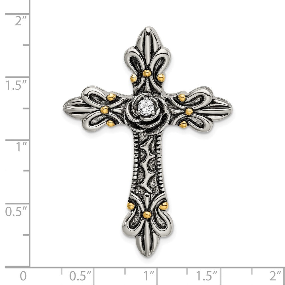 Sterling Silver Gold-plated Cubic Zirconia Antiqued Cross Slide