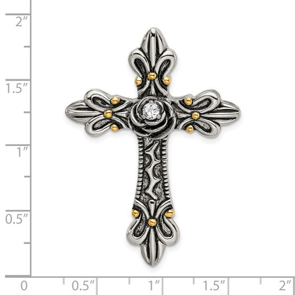Sterling Silver Gold-plated Cubic Zirconia Antiqued Cross Slide